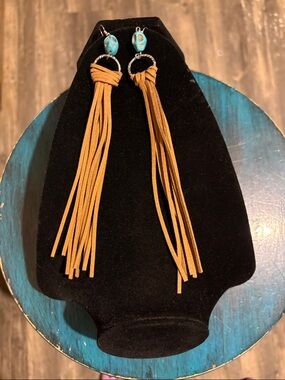 Turquoise Accent Tan Suede Fringe Earrings